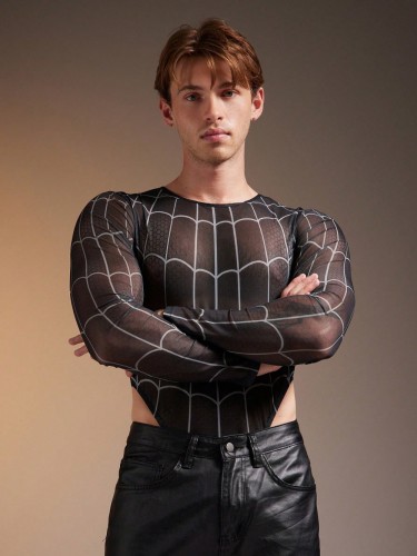 Men's Spider Bodysuit Sexy Mesh  See-Through Tight Bodysuit Nightclub Stage Performance Costume