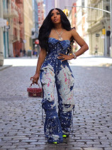 Women elastic print strapless denim jumpsuit