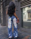 Women elastic print strapless denim jumpsuit