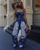 Women elastic print strapless denim jumpsuit