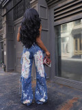 Women elastic print strapless denim jumpsuit