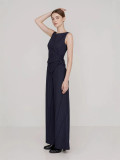 Professional women's suit striped sleeveless asymmetrical top and straight-leg trousers