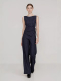 Professional women's suit striped sleeveless asymmetrical top and straight-leg trousers