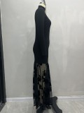 Retro elegant party dress black mesh floral knit turtleneck long-sleeved patchwork dress