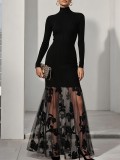 Retro elegant party dress black mesh floral knit turtleneck long-sleeved patchwork dress