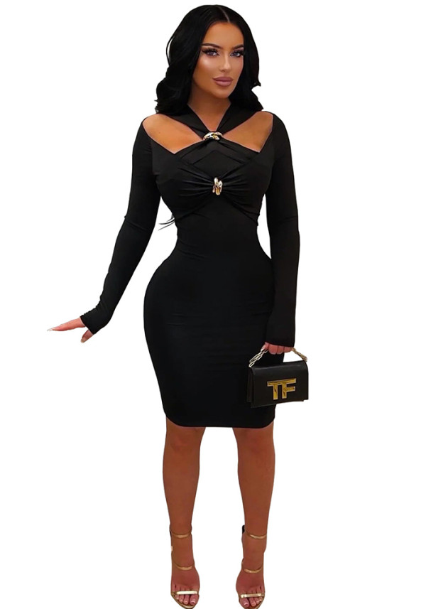 Women's Black Cut Out Long Sleeve Bodycon Dress
