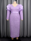 Plus Size Women Purple Jacquard High Waist Midi Formal Dress