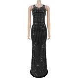 Women Solid Color Sleeveless Beaded Long Dress