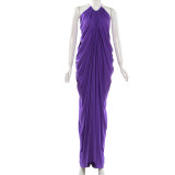 Women Purple Halter Neck Frill Long Maxi Dress