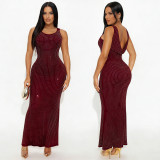 Women Solid Color Sleeveless Beaded Long Dress