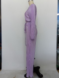 Women's Purple Pleated Top and Pants Long Sleeve Two Piece Set