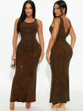 Women Solid Color Sleeveless Beaded Long Dress