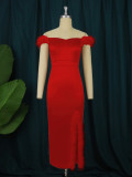 Women's Satin Sweetheart Feather Decor Slit Midi Party Dress
