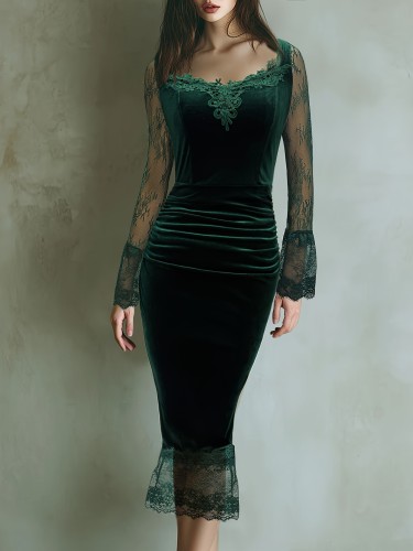 Women's Romantic Velvet and Lace Fitted Bodycon Dress
