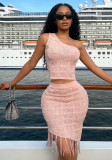 Women's One-Shoulder Beaded Tassel Two-Piece Knitted Skirt Set