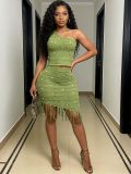 Women's One-Shoulder Beaded Tassel Two-Piece Knitted Skirt Set