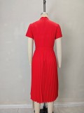 Women's French-style short-sleeved high-waisted pleated red dress