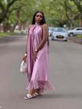 Oversized Women Solid Color Halter Neck Tassel Maxi Dress