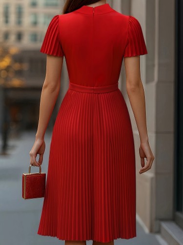 Women's French-style short-sleeved high-waisted pleated red dress
