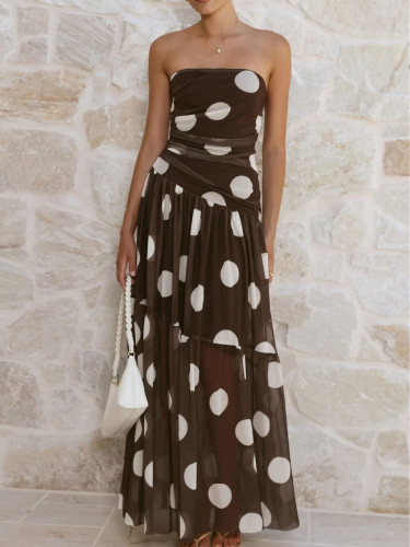 Women's polka dot print strapless long dress