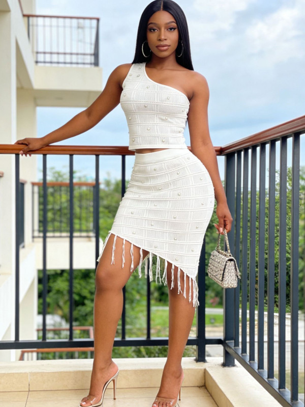 Women's One-Shoulder Beaded Tassel Two-Piece Knitted Skirt Set