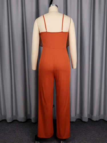 Women's Halter Neck Organza Flower High-Waist Wide-Leg Orange Jumpsuit