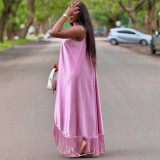 Oversized Women Solid Color Halter Neck Tassel Maxi Dress
