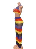 Colorful striped halter neck backless top high waist pants knit set