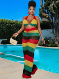 Colorful striped halter neck backless top high waist pants knit set