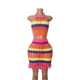 Colorful striped halter neck top high waist skirt knit set