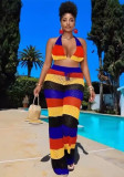 Colorful striped halter neck backless top high waist pants knit set