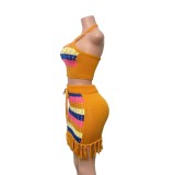 Colorful striped halter neck top high waist skirt knit set