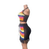 Colorful striped halter neck top high waist skirt knit set