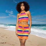 Colorful striped halter neck top high waist skirt knit set