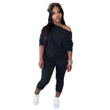 Women's Solid Color Slash Shoulder Bat Sleeve Two-Piece Pants Set