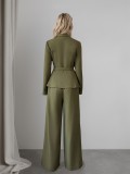Women long-sleeved blazer and trousers green two-piece set