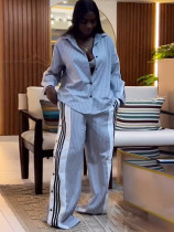Women grey stripes long-sleeved shirt matching pants two-piece set