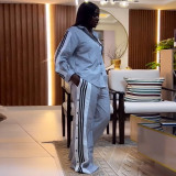 Women grey stripes long-sleeved shirt matching pants two-piece set