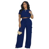 Women's Solid Color Crop Top High Waist Pants Two-Piece Set