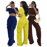 Women's Solid Color Crop Top High Waist Pants Two-Piece Set