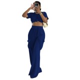 Women's Solid Color Crop Top High Waist Pants Two-Piece Set