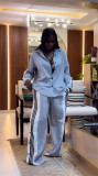 Women grey stripes long-sleeved shirt matching pants two-piece set