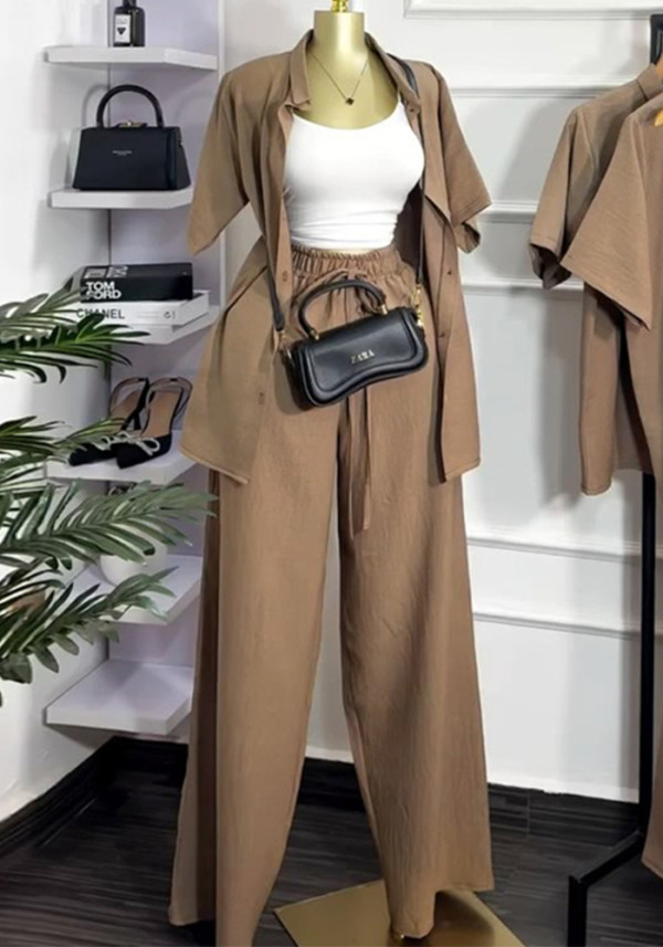Women's Summer 2026 Casual Brown Loose Short Sleeve Shirt Pants Set