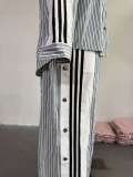 Women grey stripes long-sleeved shirt matching pants two-piece set