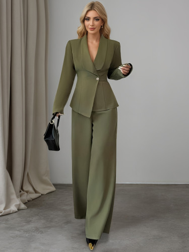 Women long-sleeved blazer and trousers green two-piece set