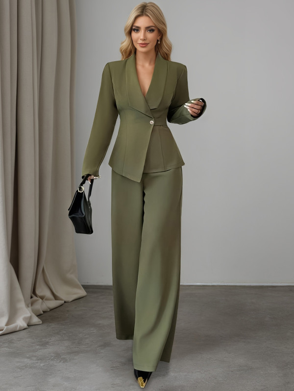 Women long-sleeved blazer and trousers green two-piece set