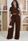 Women's Solid Color Crop Top High Waist Pants Two-Piece Set