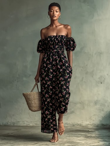 Women's bohemian style resort off-the-shoulder jumpsuit casual printed sexy jumpsuit