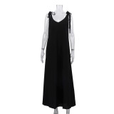 2026 Linen Black Dress Women's Sleeveless V-neck Long Dress
