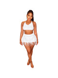 Summer Beachwear Women Knitted Crochet Tassel Skirt Set
